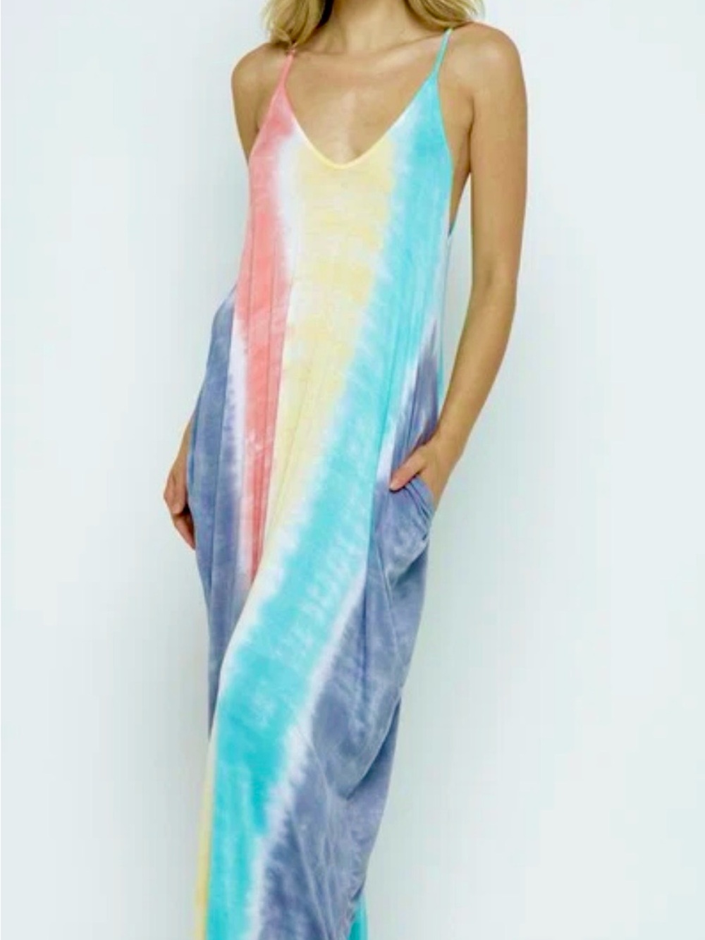 🆕#312~Tie-Dye Harem V-Neck Maxi Slip Dress with Pockets - Multicolor, Lg